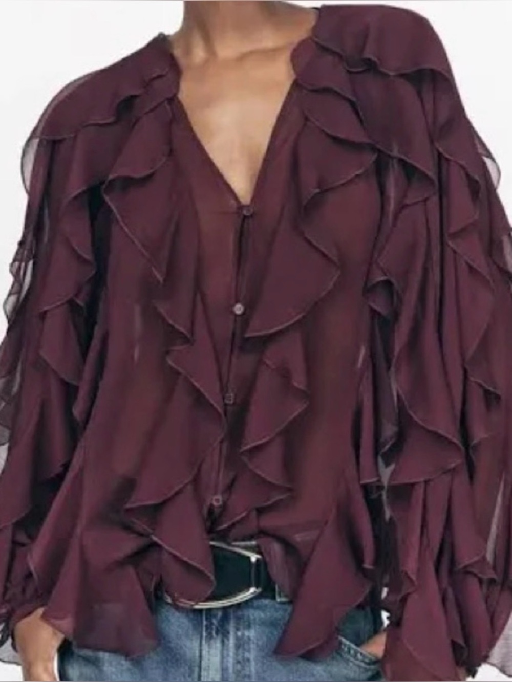 ISO ZARA BURGUNDY Ruffle Button-Down Top Blouse SZ MEDIUM
